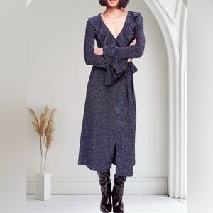 FREE PEOPLE One More Time Shimmer Navy Midi Wrap Dress XS  Retail $148